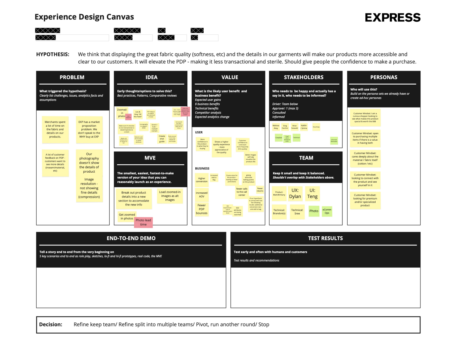Experience Canvas for PDP UX Work